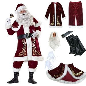 Noel Süslemeleri 9pcs Velvet Deluxe Noel Baba Baba Cosplay Suit Kostüm Yetişkin Fantezi Elbise Tam Setler339m