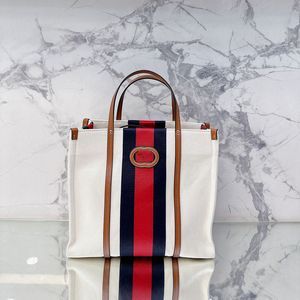 Классические дизайнерские сумки сумки с большой веб -полосой белая хлопковая холст коричневая кожаная отделка модная женская сумочка