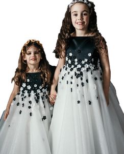 Çiçek Kız Elbise 2023 Donanma Beyaz Parıltılı Tül Ballgown Küçük Çocuk Bebek Toddler Vaftiz Vaftiz Junior Nedime Düğün Konuğu İçin İlk Komünyon Elbise