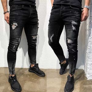 Herren Jeans Jeans Herrenmode Straße Loch Schwarz Bleistift Hose Motorrad Party Lässige Jeanshose Reißverschluss Cooles Design #lr2 W0413