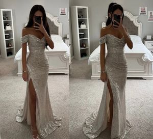 Sexy Glitter Silver Mermaid Prom Party Dress 2024 Sleeveless Off the Shoulder V Neck Sequined Split Evening Birthday Gowns Robe De Soiree