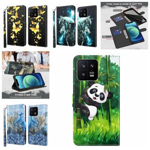 Casos de carteira de couro 3D para Samsung S23 Ultra Plus A14 5G A54 A24 A34 Xiaomi 13 mi13 Pro Lace Butterfly Flower Panda Bird Flip Cover Cartoon Wolf Stand Bolsa Stand Stand Stand Stand Bolsa