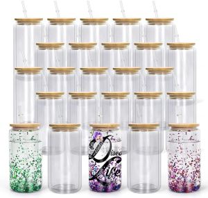 Double wall glass tumbler 16 OZ sublimation glass billet with bamboo lid and straw pre-drilled borosilicate glass beer can snowball glitter 1113