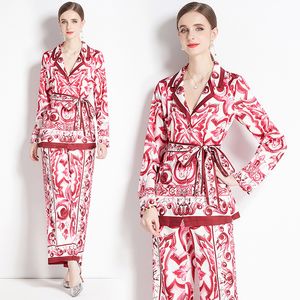 Conjunto de pijama para mulheres designer blazer pescoço paisley floral topos e calças largas manga longa rendas até arco ternos elegantes 2023 primavera outono chique pista conjuntos de roupas para casa