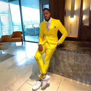 Yellow Mens Double Breast Wedding Tuxedos Slim Fit Two Pieces Formal Banquet Suit 2 Set Groom Wears