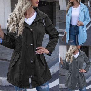 Kadın Ceketleri Kadın Kapşonlu Yağmur Değerli Bel Ceket Fermuar Yağmur Ceket Kış İnce Uzun Cep Düğmesi Moda Nedensel