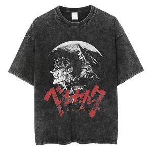 Erkek T-Shirt Anime Berserk Baskılı Tshirt Siyah %100 Pamuk Tshirts Guts Yıkanmış Retro T-Shirt Y2k Kısa Kollu Gömlek Yaz Streetwear Tops 230413