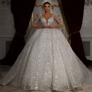 Princess Sparkly Wedding Dresses Ball Gown Illusion V Neck Long Sleeve Sequins Mariage Bridal Gowns Vestido de noiva