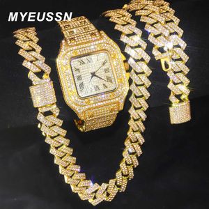 Kolye Kolyeler Altın Renk İzle Hip Hop Miami Curb Küba Zinciri Buzlu Döşen Rhinestones Bling Rapçi Kolye+İzle+Bilezik Takı Erkekler T230413