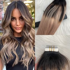 Balayage Tape in Hair Extension Remy Human hair Ombre Ash Blonde Invisible tape ins Extensions 100g/40pcs