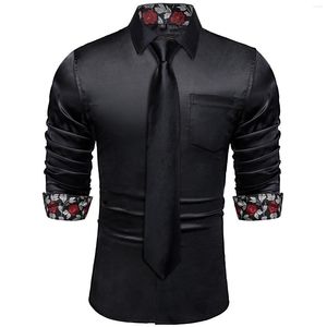 Erkek Gömlekler Siyah Çiçek Tasarımcı Streç Saten Smokin Kravatlar Ile Düğün Parti Balo Lüks Uzun Kollu Üst Gömlek Erkek Giyim