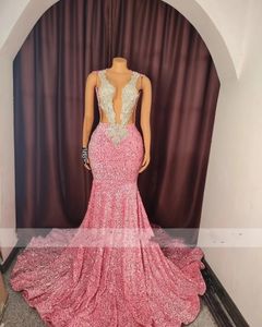 New Arrival Pink Sequins Mermaid Prom Dresses 2024 For Black Girls Beaded Birthday Party Gown Evening Dresses Robe De Bal