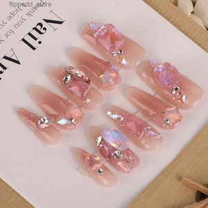 Yanlış tırnaklar orta uzunlukta sahte tırnaklar 3d rhinestone tasarımları çıplak pembe renk pres çivi balerinler yanlış tırnaklar saf el yapımı diy manikür q231114