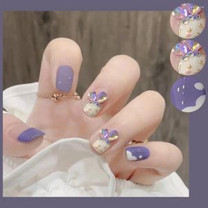 Накладные ногти 24 шт., французские Y2k, накладные кончики для ногтей в форме гроба, носимые поддельные, с милым фиолетовым дизайном со стразами