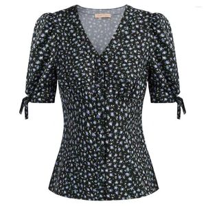 Женские блузки BP Женская блузка с рисунком вишни, рубашка, лето 2023, топы с короткими пышными рукавами, v-образным вырезом, пуговицами, сорочка Femme