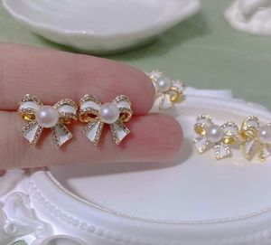 Серьги-гвоздики с блестящим кристаллом и бантом из натурального пресноводного жемчуга, наполненные золотом 14 карат, женские украшения для женщин, подарки