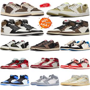 Retail Jumpman 1 basketbalschoenen heren dames klassiek zacht lakleer hoge sportmand sneakers olijfgroen omgekeerde mokka lage plaat-forme causale designerschoen