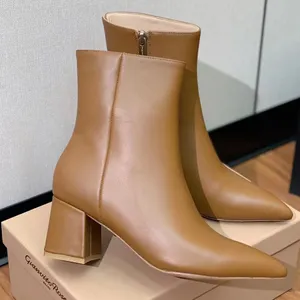 En iyi gianvito rossi ayak bileği botları kadınlar 5.5cm kalınlığında topuklu deri sivri botlar sonbahar ve kış moda kısa bot gündelik yan fermuarlar lüks tasarımcı boot