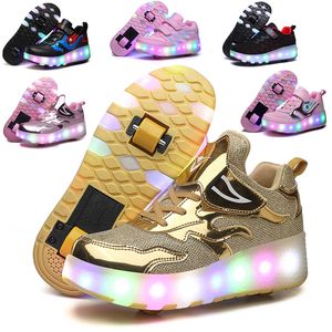 Sneakers Children One Two Wheels Luminous Glowing Sneakers Gold Pink Led Light Roller Skate Shoes Kids Led Shoes Boys Girls USB Charging 230413