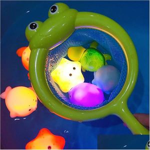 Bath Toys Baby Cute Animals Toy Swimming Water Led Light Up Soft Rubber Float Induction Luminous Frogs For Kids Play Funny Gifts Drop Dhstl