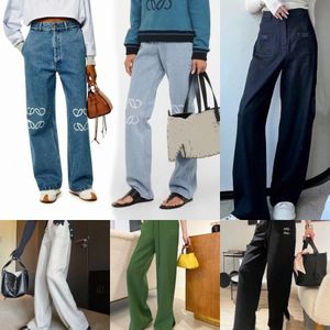 Tasarımcı Kadınlar Kot Gelen Yüksek Bel Street, Yama İşlemeli Dekorasyon Gündelik Mavi Düz Denim Pantolon Markası Sıcak Loewee Jeans P6zy#