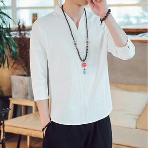 Etnik Giyim Yaz Çin tarzı beyaz pamuk keten klasik yedi kollu tişörtler tangzhuang han takım elbise meditasyon zen oryant bluz mavi
