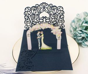 10PC Greeting Cards 3D POP UP Card Gold Grey Three Fold Pocket Wedding Invitation Card Laser Cut Invitation Card 231115