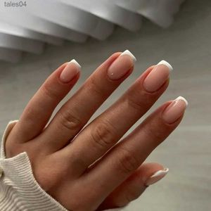 Накладные ногти 24 шт. Простые французские накладные ногти с клеем, белые накладные ногти с квадратной головкой и дизайном, короткое нажатие на ногти, натуральные искусственные ногти YQ231119