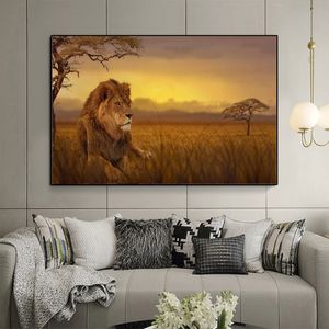 Modernne Wilde Leeuw Zonsondergang Canvas Schilderij Dier Posterler En Yazdırıyor Foto Duvar Sanat Resimleri Voor Woonkamer Cuadros Ev Dekor