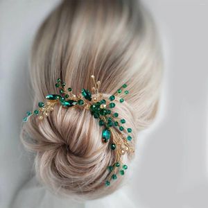 Saç klipleri u şekilli çubuklar gelin düğün aksesuarları için çatallar yeşil renk rhinestone saç tokaları ve yan noiva takılar