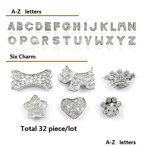 Köpek yaka taslak beyaz harfler 10mm berrak rhinestone cazibe cazibe köpek evcil kedi adı kişiselleştirilmiş diy kaydırıcı 26pcs A-Z damlası teslim dhhuv