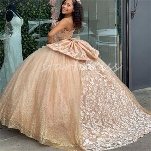 Glitter Golden Quinceanera Elbiseler Prenses Tweetheart Beyaz Çiçek Vestidos De 15 Anos On altı Doğum Günü Sequin Sweet 16 On beş XV Elbise Debutante Primdress 2024