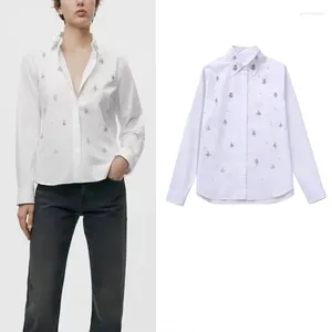 Kadınlar Blouses Mücevher Poplin Gömlekleri Kadınlar İçin Zarif Yakası Uzun Kollu Beyaz Top 2023 Moda Ofisi Bayanlar Düğme Up Filed Gömlek
