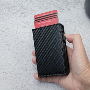 Kart tutucular caseey erkekler akıllı trifold cüzdan ince minimalist karbon fiber pu deri manyetik yukarı tutucu cep kimliği penceresi