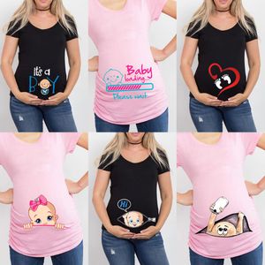 Maternity Tops Tees Summer Funny Cartoon Print Maternity Pink Clothing Plus-Size Short Sleeve Pregnant T-Shirt Tops Women T-Shirts 230414