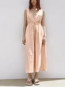 Повседневные платья, женское платье, лето 2023, оранжевый нейлоновый глубокий v-образный вырез с эластичной резинкой на талии, длинный сексуальный халат с открытой спиной и рюшами