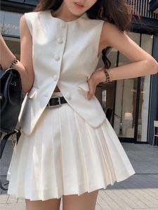 Women s Suits Blazers Korean Fashion Summer Pleated Skirt 2 Piece Set Women Elegant Sleeveless Button Tops Wide Leg Pants Y2k Casual Outfits 231116