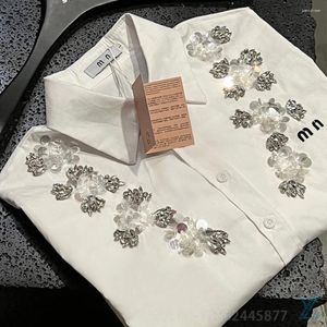 Женские футболки Весенняя рубашка с бриллиантами в модном стиле Белая с длинными рукавами