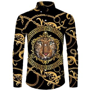 Мужские повседневные рубашки Golden Lion Patter 3d Print Мужские рубашки с длинными рукавами кнопки кнопки модного барокко стиль мужская уличная одежда J230417