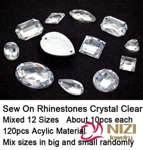 Rhinestones üzerinde wholesew karışık 12 şekil 120pcs düz akrilik rhinestones kristal berrak taş elbise için rhine69999382 dikmek