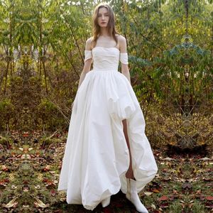 Zarif Romantik Bir Çizgi Gelinlik 2024 Kısa Kollu Yan Yarık Tafta Gelin Gown Vestidos Gala Kadın Vestido De Noiva için Özel Yapım