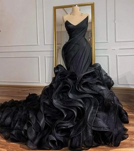 Moda preto vermelho sereia vestido de baile 2024 com decote em v rendas espartilho volta em cascata babados organza mulheres noite formal vestidos de festa robe de soiree feito sob encomenda