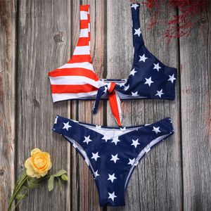 Kadın Mayo Yeni 2020 Bikini Bayrağı ABD Amerikan Seksi Brezilya Bikini Set Mayo Kadın Yüzme Giyim Plaj Giyim Kravat Knot Ön bayan Mayo T230417