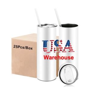 EUA CA armazém tumble rWhite sublimação em branco 20 onças 25 unidades/caixa de aço inoxidável reto isolado com caneca de palha u1117