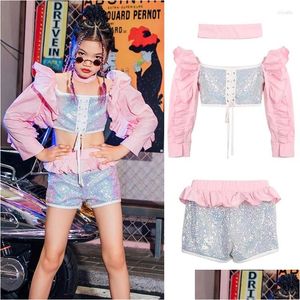 Palco desgaste crianças jazz trajes para meninas rosa plissado mangas top lantejoulas shorts k-out hip hop roupas rua dança terno xs4510 dro dhcce