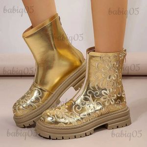 Boots Gold Silver Embroidery Ankle Boots Women Front Elastic Band Platform Boots Woman Thick Sole Non-Slip Luxury Short Booties Mujer T231117