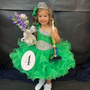 Yeşil Küçük Kız Cupcake Pageant Elbise 2024 Tek Omuzlu Ab Stone Ruffles Glitz Bebek Kid Çocuk Eğlenceli Moda Pist Draması Doğum Günü Resmi Kokteyl Parti Parti Türük