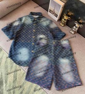 xinxinbuy Men designer Tee t shirt 23ss arco-íris letra Denim Gradiente Jacquard conjuntos manga curta algodão feminino Preto Branco azul S-XL