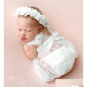 Vestidos de batismo Recém-nascidos Pogal Props Baby Girl Roupas Princesa Vestido Flor Headband Lace Romper Bodysuits Outfit Roupas Drop Dhmka