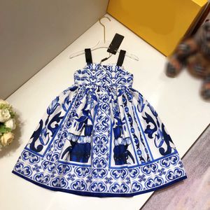 23ss vestidos halter meninas vestido princesa vestido crianças roupas de grife azul e branco impressão de porcelana vestidos grandes saias de camisa para meninas roupas infantis de alta qualidade